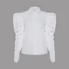 Primavera verão virada coleira de manga comprida top mulheres slouff manga branco escritório blusa camisa feminina túnica botão top workwear lj200811