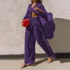 女性のツーピースパンツエレガントな女性ヒョウ柄 2 セット 2022 夏シャツ + ワイドレッグスーツレディースファッション長袖衣装ストリート