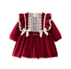 Baby Girls Christmas party dress kids red lace falbala fly sleeve dresses baby Bow velvet princess dress girls 1st birthday dress A4867