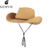 Gemvie Western Cowboy Sun Hat Lanyard para Homens Mulheres Ampla Brim Palha Chapéu de Praia Panama Pesca Pescador Tampão Chapéu de Verão Y200602