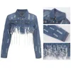 Tsuretobe Tassel Ripped Cropped Jean Jacket Women Autumn Chain Long Sleeve Denim Streetwear Short Coat Female Outwe LJ200825