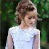 Urocze niebo Niebieskie Białe Koronki Formalne Party Sukienki na ślub Gość Wysokie Klejnot Corsst Back Flower Girl Dress Sukienka z Rękawami Korant Graduation