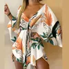 カジュアルドレス2022夏のスタイリッシュなハワイビーチ非対称裾ミニドレストロピカルプリントセクシーなネクタイフロントvネック女性ビーチウェア2599
