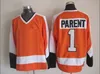 Vintage Mens Hockey Tröjor 16 Bobby Clarke 1 Bernie Parent 8 Dave Schultz 7 Bill Bill Barber 27 Ron HextAll 88 Eric Lindros 26 Brian PROPP Svart Vit Orange Stitched Jersey