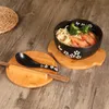 النمط الياباني الأرز المعكرونة وعاء مع غطاء ملعقة ومطبخ المطبخ أدوات المائدة السيراميك سلطة الحساء وعاء الغذاء حاوية الطعام 220408