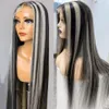 24/32 Inch Grey Long Highlight Human Hair Wig Ombre Transparent HD Lace Front Wig 13x4 Curly Hair Women's Natural Hairline Fakeseamless natural Precut