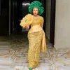 Aso Ebi African Prom Dresses Yellow Lace Mermaid Plus Rozmiar Ruffles Sheer Długie Rękawy Suknie Wieczorowe Robe de Soiree Custom Made