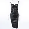 Casual Dresses Black PU Leather Knee Length Bodycon Dresse Women Spaghetti Slim Party Elegant Lady Backless Summer Dress Sexy Clothes