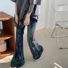 Elastik Yüksek Bel Uzun Flare Pantolon Çan Alt Kore Yaz Krave Boya Koyu Kontrast Baskı Seksi Ince Harajuku Streetwear Pantolon 201106
