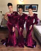 2021 Burgundy Velvet Mermaid Bridesmaid Dresses Jewel Neck Ruffle Crystal Beads Long Sleeve Party Wedding Guest Gowns Maid Of Honor Dress