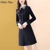 Only Plus Deep Blue OL Women Dress Turn Down Collar Long Sleeve A-Line Dresses Button Office Lady Winter Elegant Slim High Waist 201125