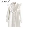 KPYTOMOA Women 2020 Chic Fashion Ruffled Denim Mini Dress Vintage Lapel Collar Långärmad kvinnliga klänningar Vestidos Mujer LJ200818