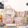 5 Set Women Backpack Harajuku Plaid School Bags For Teenage Girls Boy Kawaii College Student Kids Book Bagpack Rucksack 2022 220224