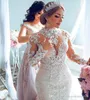 Lüks tam dantel denizkızı gelinlik, aşırı etekler ile mücevher boyun uzun kollu aplike şapel tren gelinlik vestidos de novia