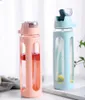 Bouteille d'eau en verre 600ML paille avec étui de protection en plastique portable étanche mes bouteilles d'eau pour la randonnée sportive 201127