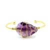 JLN Gemstone Wire Wrapped Bangle Irregular Raw Mineral Crystal Stone Gold Plated Cuff Open Bangle For Women Girl Gift