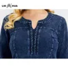 LIH HUA Femmes Plus Taille Denim Robe haute flexibilité Slim Fit Robe Casual Robe Épaulettes pour vêtements T200319