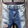 Mäns jeans män rippade mager blyertsbyxor Motorcykelbyxor Streetwear Patchwork Gradient Color Slim Fit Denim Man Clothin253J