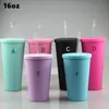 Copos de acrílicos foscos 16oz copos plásticos com tampas claras palhas parede dupla caneca REUSEBLE copo mar