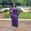 Lila Plus Storlek Prom Klänningar Aso Ebi African Lace Appliques Sheer Neck Långärmade Kvällar Golvlängd Robe de Soiree