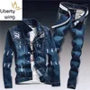 Spring Mens Denim Two Piece Set Hole Strappato Slim Fit Giacca Jeans Set Uomo Casual Vintage Ropa Hombre Cargo Suit Streetwear1