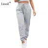 Liooil sexy cintura alta solta lã sweatpants calças com bolso outono inverno preto branco baggy jogger calças de suor 220214