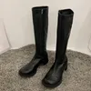 Große Runde Zehe Reit Bottes Femme Plüsch schlanke kniehohe Stiefel Pu-Leder Schuhe Frauen klobige High Heels Ofenrohr lange Botas Mujer1