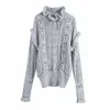 Za Grey Oversized Woman Sweaters Embroidery Pullover Knitted Sweater Women Autumn Winter Long Sleeve Ruffle Trim Sweater 201203