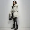 Parkas de plumón para mujer 2021 Invierno Mujer Chaqueta de algodón cálida coreana Cuello de piel grande Abrigos acolchados con capucha Cintura elástica Sólido Medio largo A125