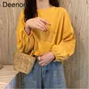 Camisa básica de Deenor Mulheres Básico Lanterna Sleeve Top Primavera Outono de Manga Comprida T-shirt Soild Woman Roupas H1230