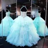 2020 New Blue Quinceanera Ball Gown Abiti Jewel Neck Perline di cristallo Organza Ruffles Tiered Sweet 16 Plus Size Sweet 16 Abiti da ballo Q87