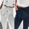 Fashion Summer Women Harem Pants Striped OL High Waist Elastic Bow Tie Drawstring Pockets Ladies Casual Trousers -MX8 201031