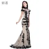 Elegant Zwart Korte Mouw Mermaid Avondjurk Applique Chiffon Prom Dresses Custom Made 100% Daadwerkelijke afbeelding Sheer Gown LJ201124