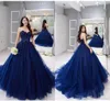 2022 New Strapless Ball Gown Prom Quinceanera Dress Vintage Navy Blue Lace Applique Ball Gown Formal Sweet 15 Party Bridal Dresses BC2289