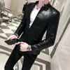 Сплошной черный приталенный пиджак Hombre из искусственной кожи, мужская куртка на одной пуговице, деловые повседневные пиджаки для выпускного вечера для мужчин, корейский костюм, пальто 220310