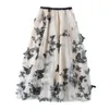 Long Tulle Skirt Women Vintage Butterfly Embroidery Elastic High Waist A-line Mesh Pleated Female Midi Faldas Jupe W220314