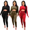 Neue Herbst Winter Frauen Overalls + Hoodie Crop Top zweiteilige Set Mode Strampler Langarm dünne Bodys Casual einfarbig Overalls + Top 4378