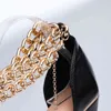 Sandals Gold-Tone Chain Embellished Ankle Strap High Heel for Women Fashion Open Toe Chunky Party Dress Pumps Summer New Arrival 220121