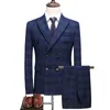 Costume pour hommes ensemble affaires robe de mariée formelle marié BlueTuxedo coupe ajustée Double boutonnage grille costume masculin ensemble hommes (veste + pantalons + gilet)