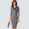 Classic Houndstooth Elegant Bodycon Vintage Charming Office Lady Double Buttons Dress LJ201112