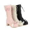 US4-12 Женские круглые ноги Bowknot Mid Mid Colf Boots Lolita Cosplay Shoes Block Heel кружек плюс 34-46 3Colors New 20201