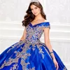 Royal Blue Zroszony Suknia Balowa Quinceanera Suknie V Neck Lace Appliqued Prom Suknie Sweep Pociąg Satyna Wielopięciowa Słodka 15 Dress