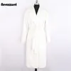 Nerazzurri Winter Long White Black Warm Fluffy Faux Fur Coat Women Long Sleeve Belt Lapel Stylish Korean Fashion without Buttons 220112