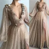 2021 Nieuwe Rose Gold Lovertjes Kant Sexy Arabische Dubai Prom Dresses Pailletten Side Split met bloemen Lange mouwen Plus Size Party Avondjurken