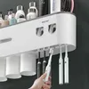 Magnetic Adsorption Inverted Toothbrush Holder Double Automatic Toothpaste Squeezer Dispenser Storage Rack Bathroom Accessories 211222