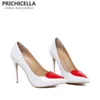 ドレスシューズPrichicella白純正革の薄いハイヒールの靴赤いハートの女性のドレスパーティー結婚式の靴のサイズ220303