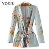 Mulheres de outono Floral Blazers vintage terno senhoras colarinho entalhado outwear feminino casaco casual sashes mangas compridas bolso casaco 201201