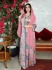 Roupas étnicas moda muçulmana rosa strass rosa vestido impresso no Oriente Médio abayas para mulheres abaya dubai peru islâmico kuftan