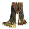 Шарфы темно -зеленый бархатный шелк с блестками с блестками винтажные вышивки ручной работы павлина модный шарф Лонг Fringer 11231017457461