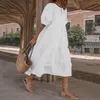 Party Dresses Boho Clothing Dress Vintage Summer Loose Cottagecore O-Neck Solid Sundress Midi Cotton Short Sleeve Patchwork 2022 Fashion Wom